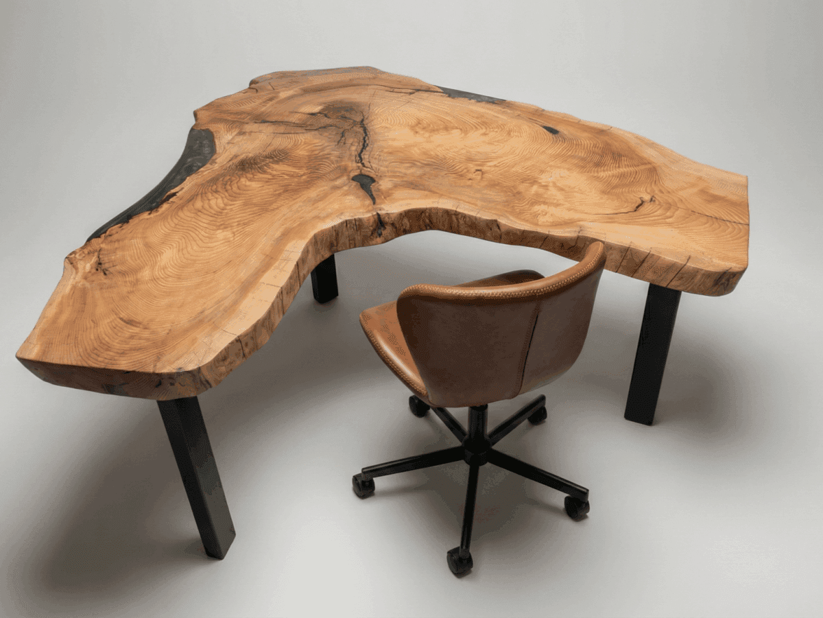 Baumkanten-Schreibtisch mit grünem Epoxidharz (Eckschreibtisch)