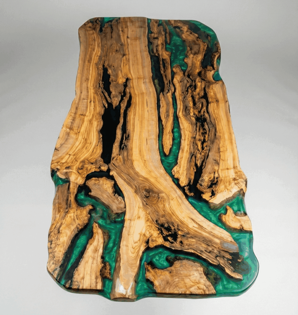 Grüner Epoxidharz-Esstisch aus Olivenholz (River Table)