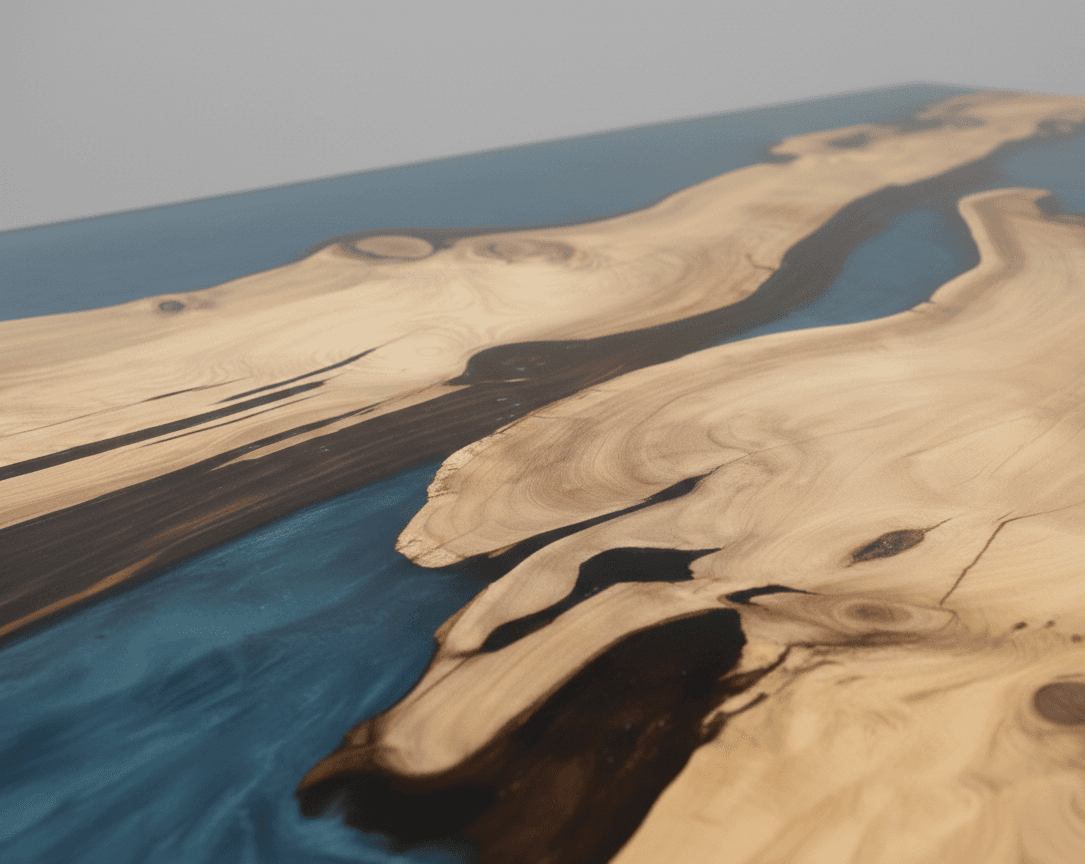 Holz-Baumkanten-Epoxidharz-Esstisch Blau (River Table)