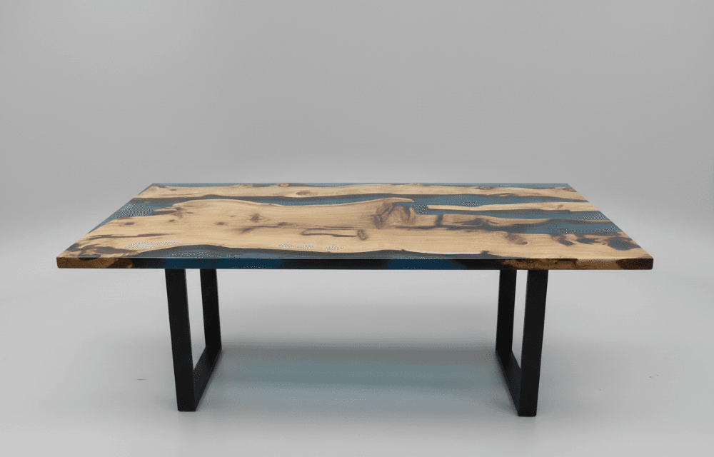 Holz-Baumkanten-Epoxidharz-Esstisch Blau (River Table)
