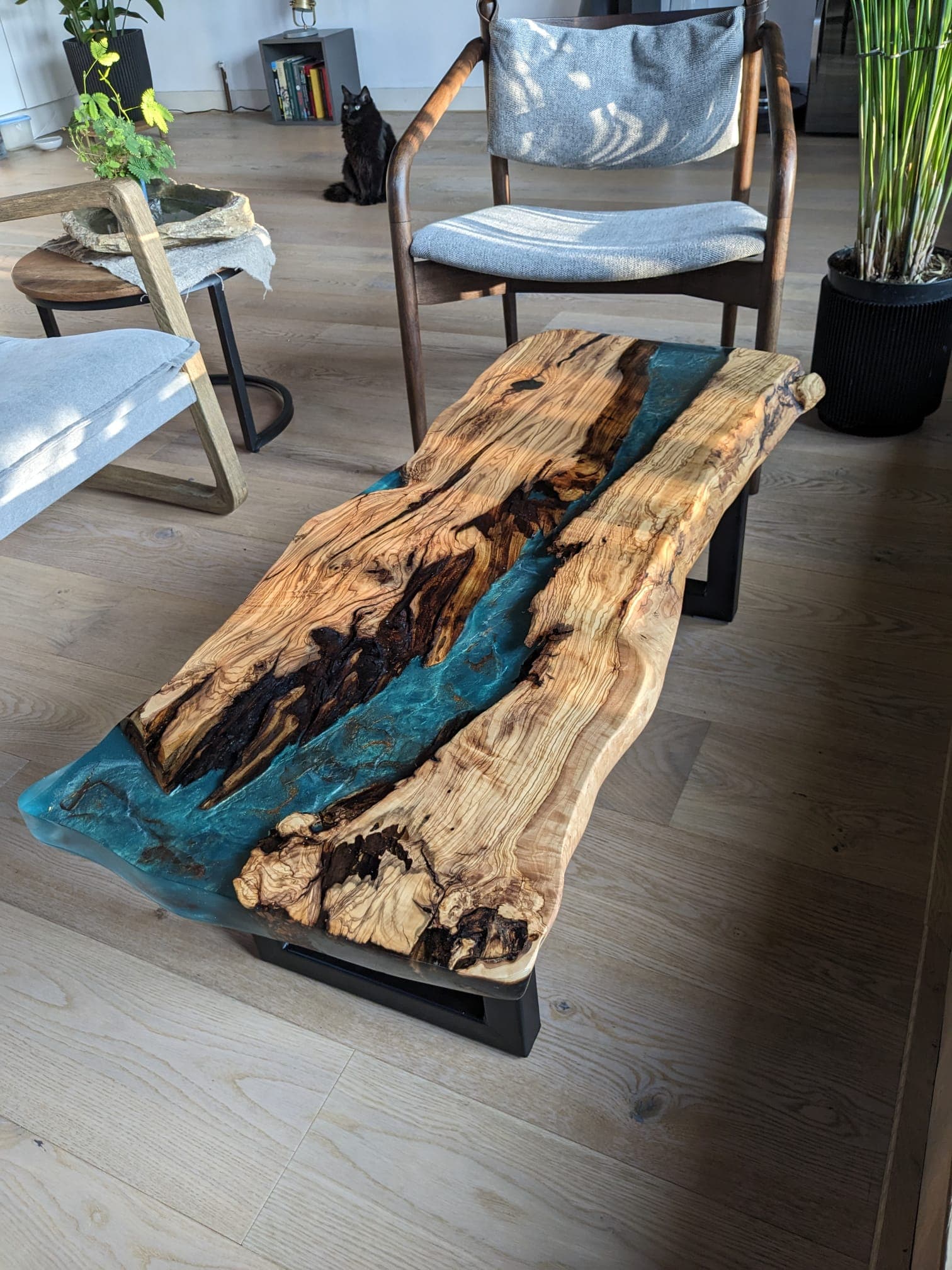 Olivenholz-Couchtisch mit blauem Epoxidharz-River – Baumkante mit Küstenoptik
