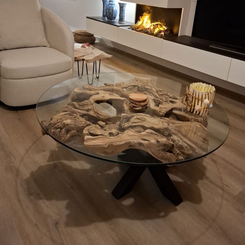 Runder Baumkanten-Couchtisch aus Olivenholz mit Glas