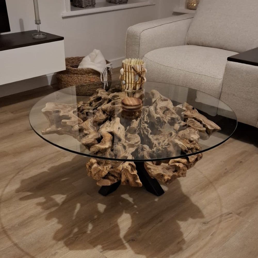 Runder Baumkanten-Couchtisch aus Olivenholz mit Glas