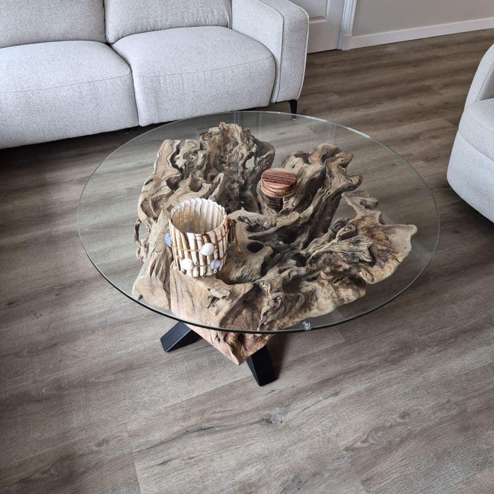 Runder Baumkanten-Couchtisch aus Olivenholz mit Glas