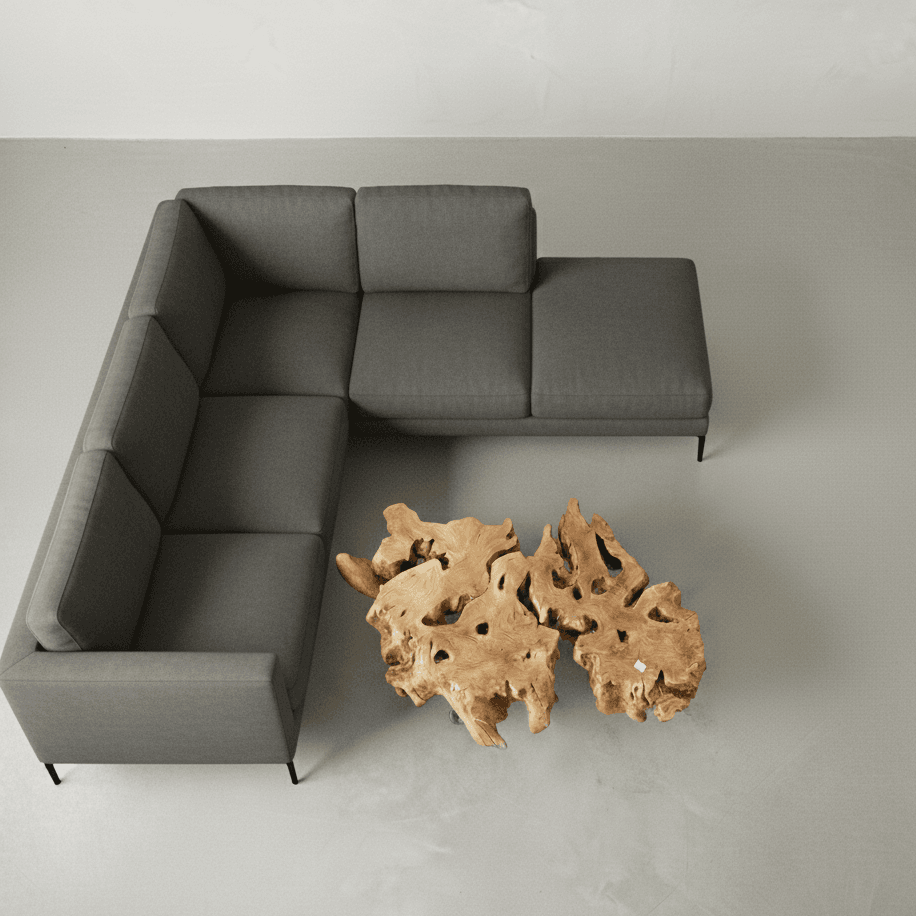Baumkanten-Couchtisch aus Olivenholz mit Rollen