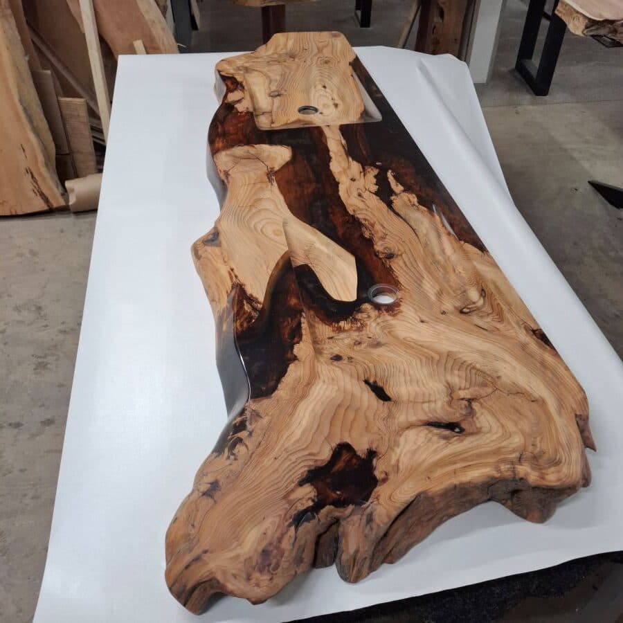 Cederhouten Wastafelblad met Ingefreesde Wasbakken en Epoxy